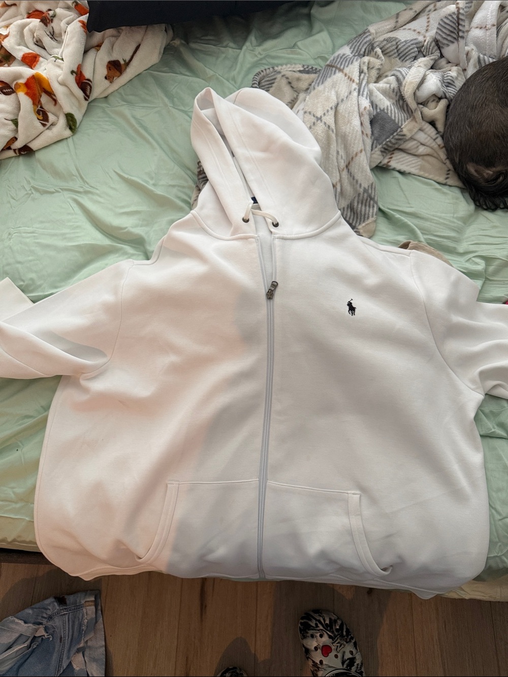 Ralph Lauren White Zip-Up Hooded Sweatshirt with Polo Logo
